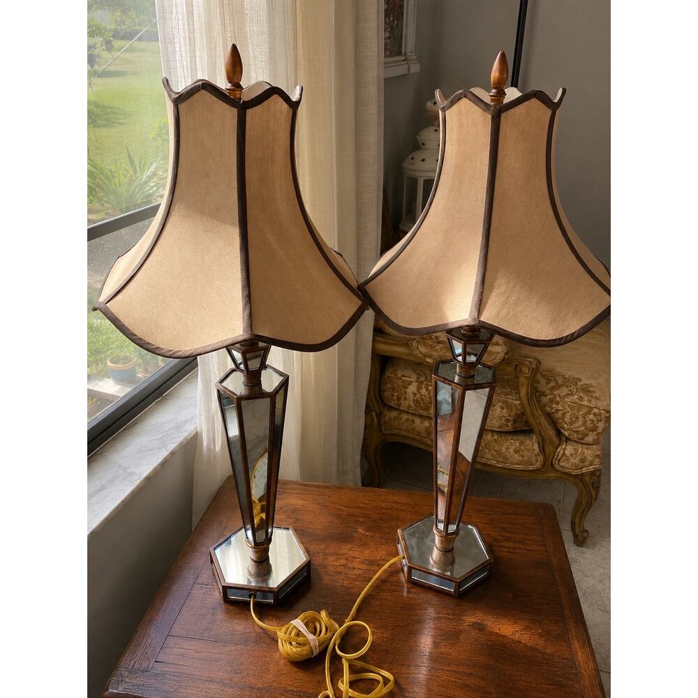 Pair Hollywood Regency Mirrored Brass Table Lamps Pagoda Shades Vintage good Con
